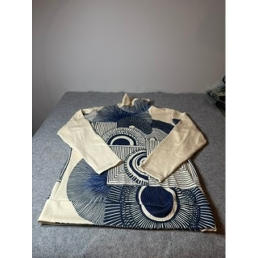 Womens Navy Blue Cream Geometric Graphic Mock Neck Ribbed Knit Tunic Top XL